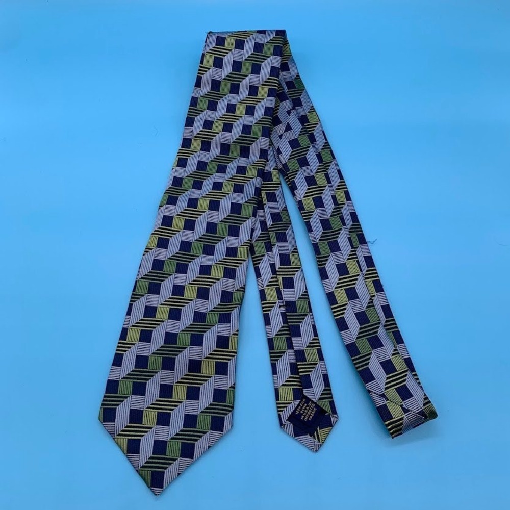 T. Harris London Geometric Print Artsy Blue/Green Silk Men's Classic Neck Tie